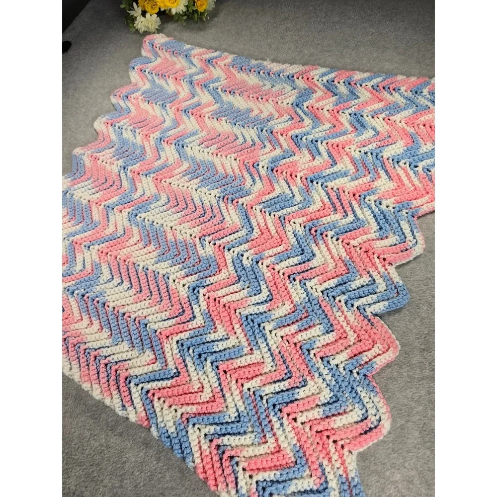 Vtg 90s Handmade Crochet Chevron Baby Blanket Pink Blue Tummy Time Afghan 26x29